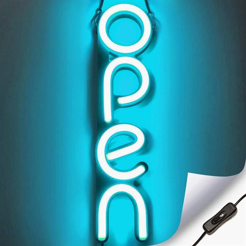 "OPEN" LED neonskilt - Isblå - Vertikal