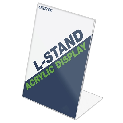 L-stand-skilteholder i akryl. Enkeltsidet skilteholder til bord, disk eller hylde.