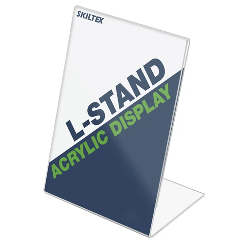 L-stand-skilteholder i akryl. Enkeltsidet skilteholder til bord, disk eller hylde.