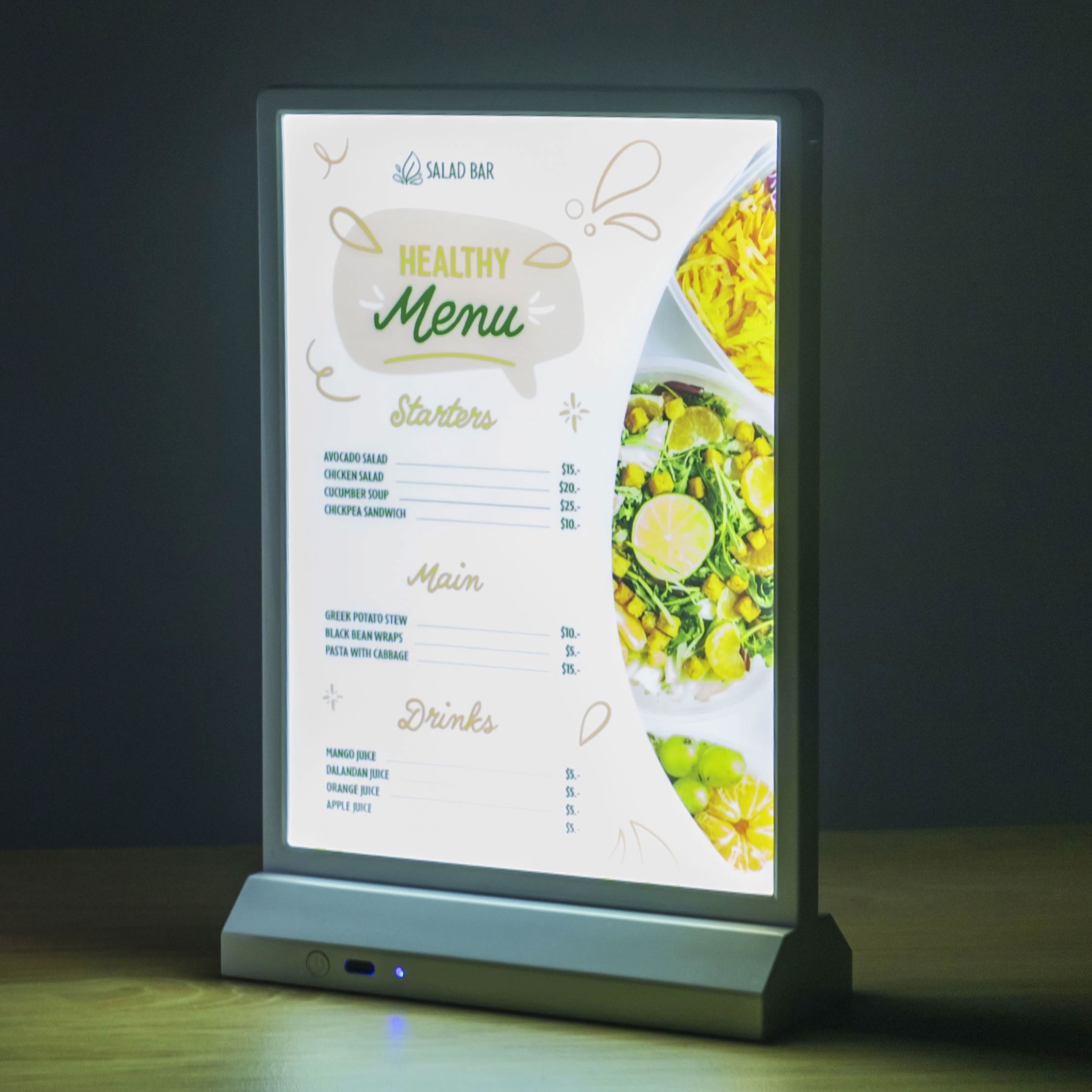 LED T-Stand Højformat Menukortholder Sort - A5