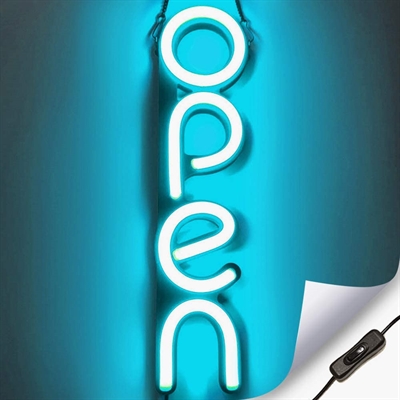 "OPEN" LED neonskilt - Isblå - Vertikal