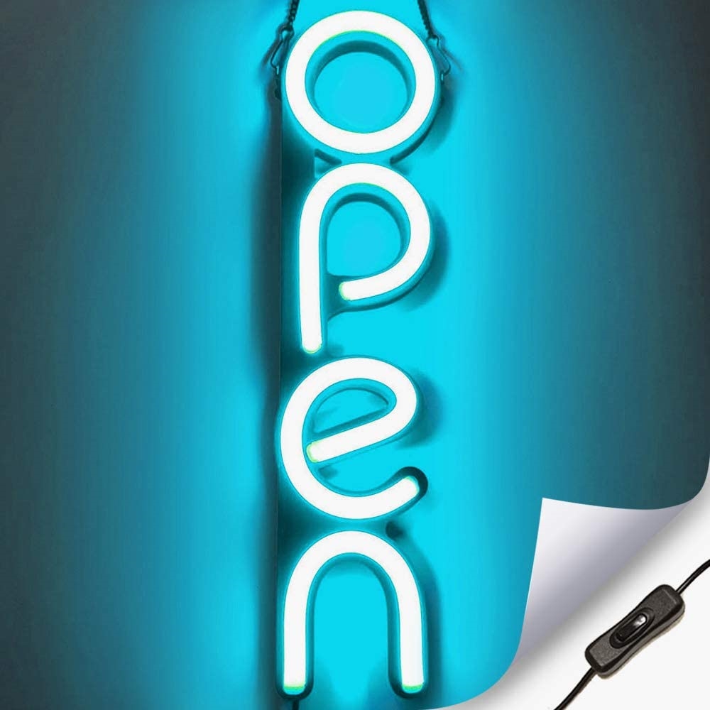 "OPEN" LED neonskilt - Isblå - Vertikal