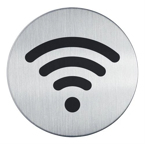 Rundt WiFi pictogram skilt i børstet stål.