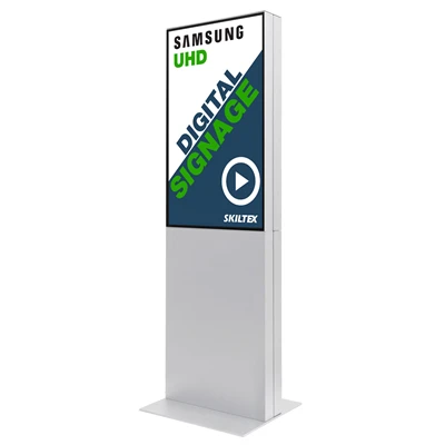 Hvid digitalt totem skilt med Samsung display skærm.