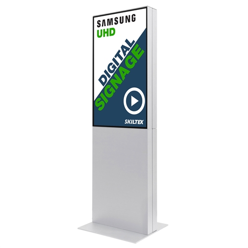 Hvid digitalt totem skilt med Samsung display skærm.