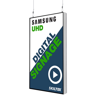Hvidt digitalt skilt med rammeløst design til loft- eller vægophæng. Samsung dispay skærm.