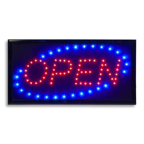 LED lyskilt i blå og rød med teksten "OPEN". 