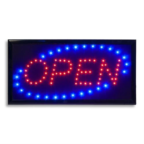 LED lyskilt i blå og rød med teksten "OPEN". 