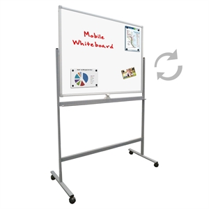 Dobbeltsidet whiteboardtavle med aluminiumsramme på låsbare hjul.
