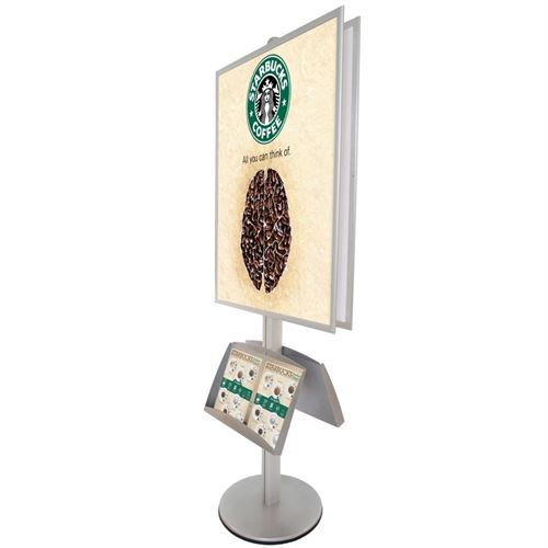 Dobbeltsidet plakatstativ af aluminium med brochureholder og ekstra tung fod for stabilitet