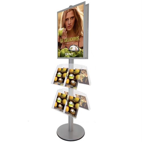 Dobbeltsidet plakat display med klikramme og brochureholdere.