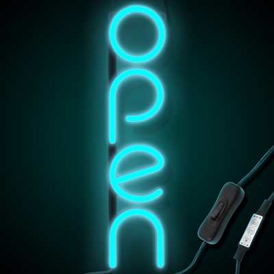 "OPEN" LED neonskilt - Isblå - Vertikal
