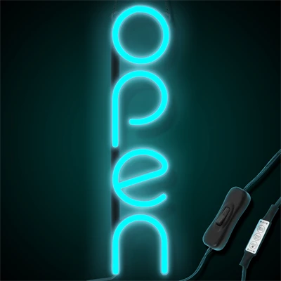 "OPEN" LED neonskilt - Isblå - Vertikal