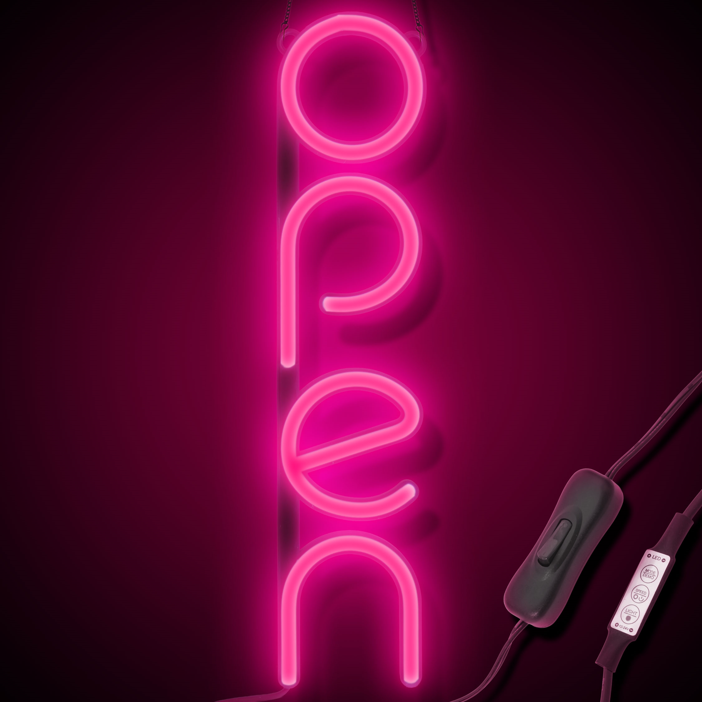 "OPEN" LED neonskilt - Lyserød - Vertikal