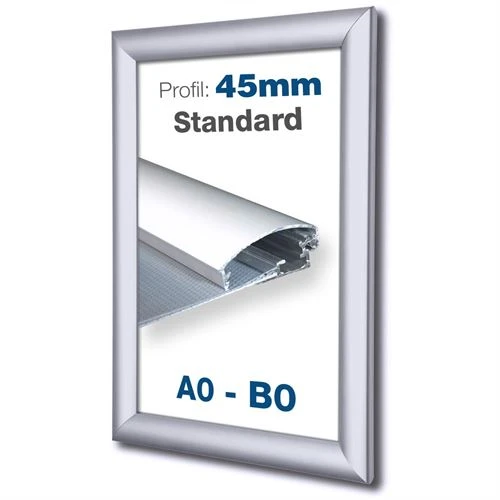 Klikramme til plakat med 45 mm profil i sølv aluminium